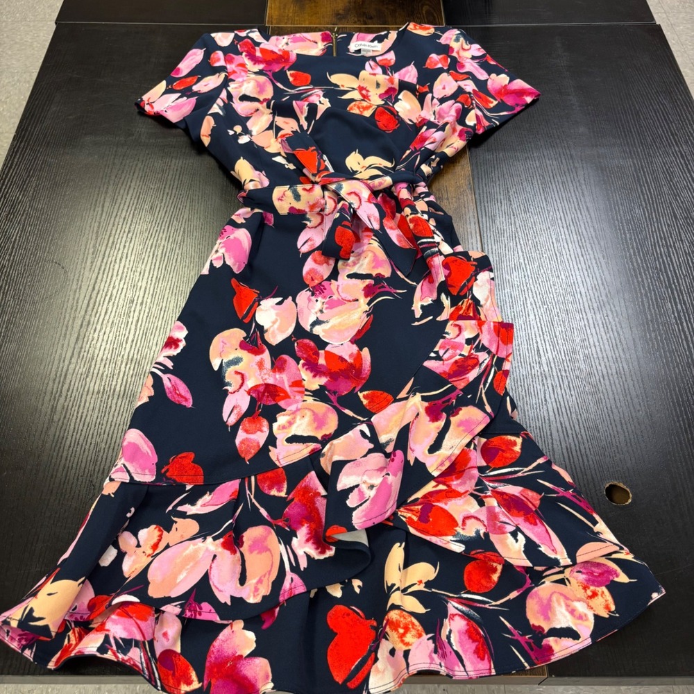 Calvin Klein Floral Faux Wrap Ruffle Hem Dress Navy Pink Size 12 Beautiful